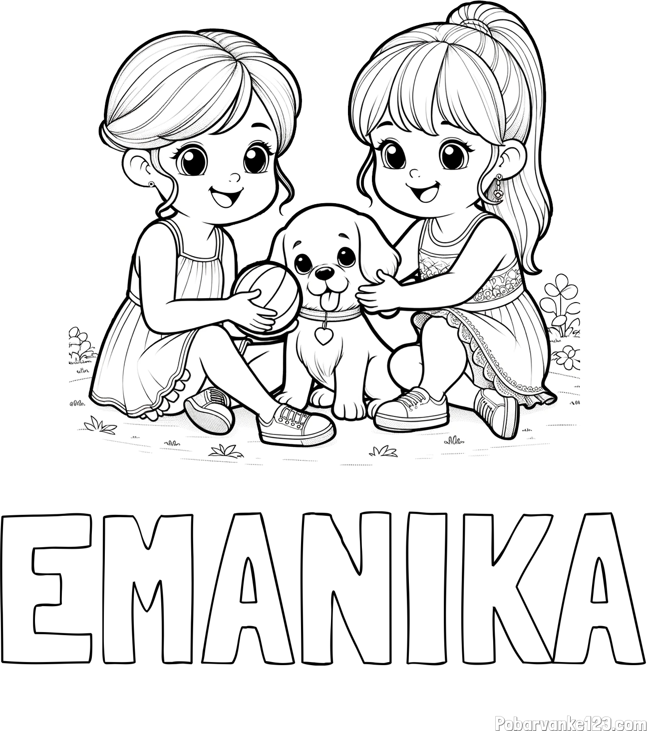 Pobarvanka imena EMANIKA in pobarvanka prijateljic s kužkom