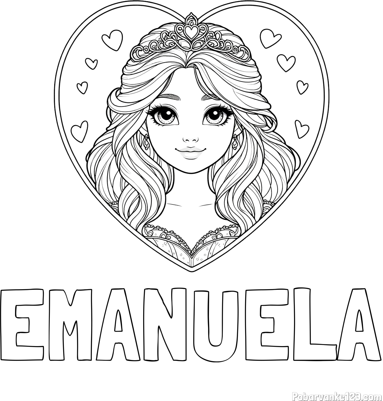 Pobarvanka imena EMANUELA in pobarvanka princeske ter srčkov