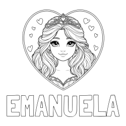 Online izdelana pobarvanka - Pobarvanka imena EMANUELA in pobarvanka princeske ter srčkov