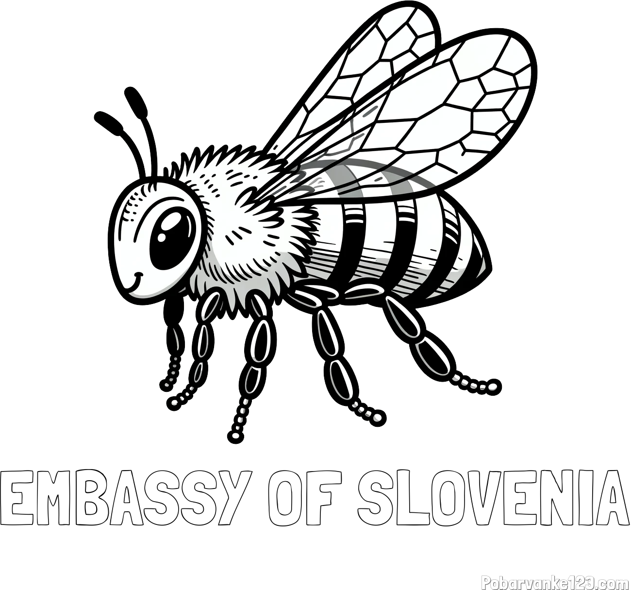 Pobarvanka imena EMBASSY OF SLOVENIA in otroška pobarvanka čebele (realistična)