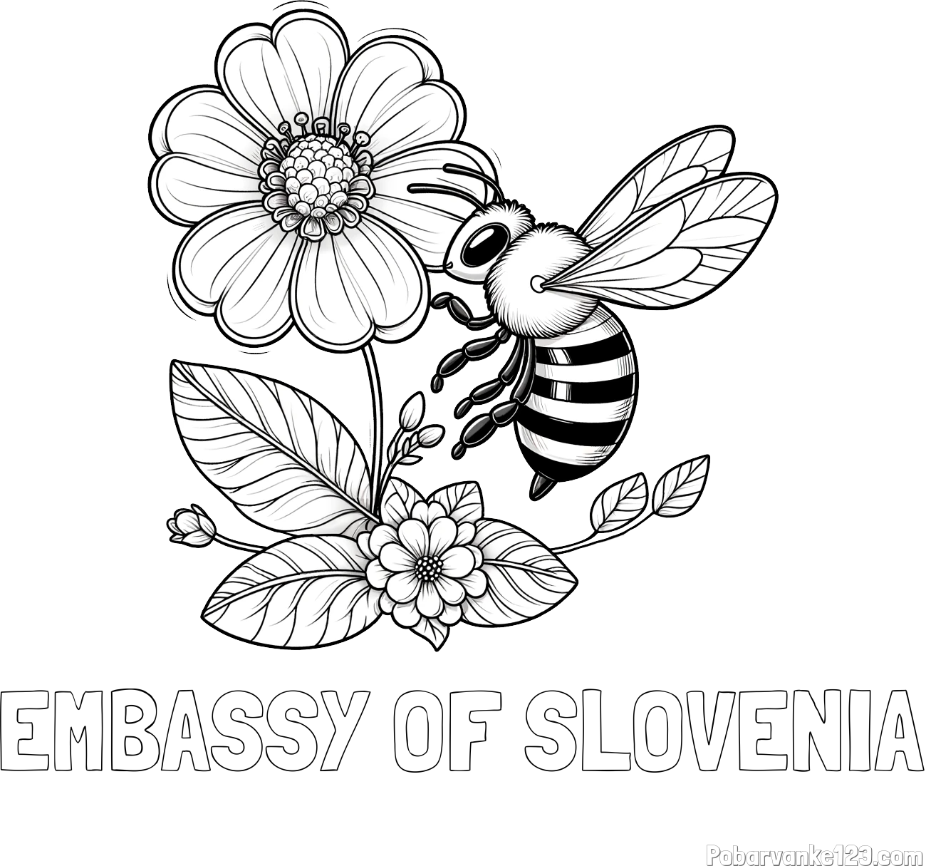 Pobarvanka imena EMBASSY OF SLOVENIA in otroška pobarvanka čebelice in rožice