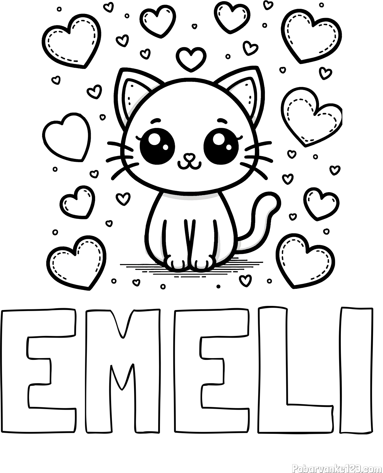 Pobarvanka imena EMELI in pobarvanka ljubke mucke obdane z veliko srčki