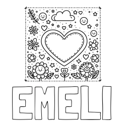 Online izdelana pobarvanka - Pobarvanka imena EMELI in pobarvanka srčka ter rožic