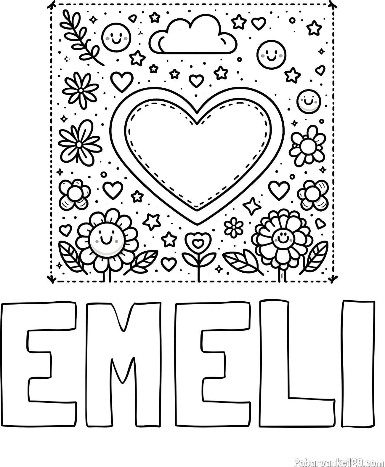 Pobarvanka imena EMELI in pobarvanka srčka ter rožic