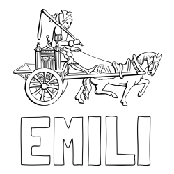 Online izdelana pobarvanka - Pobarvanka imena EMILI in pobarvanka konja in kočijaža