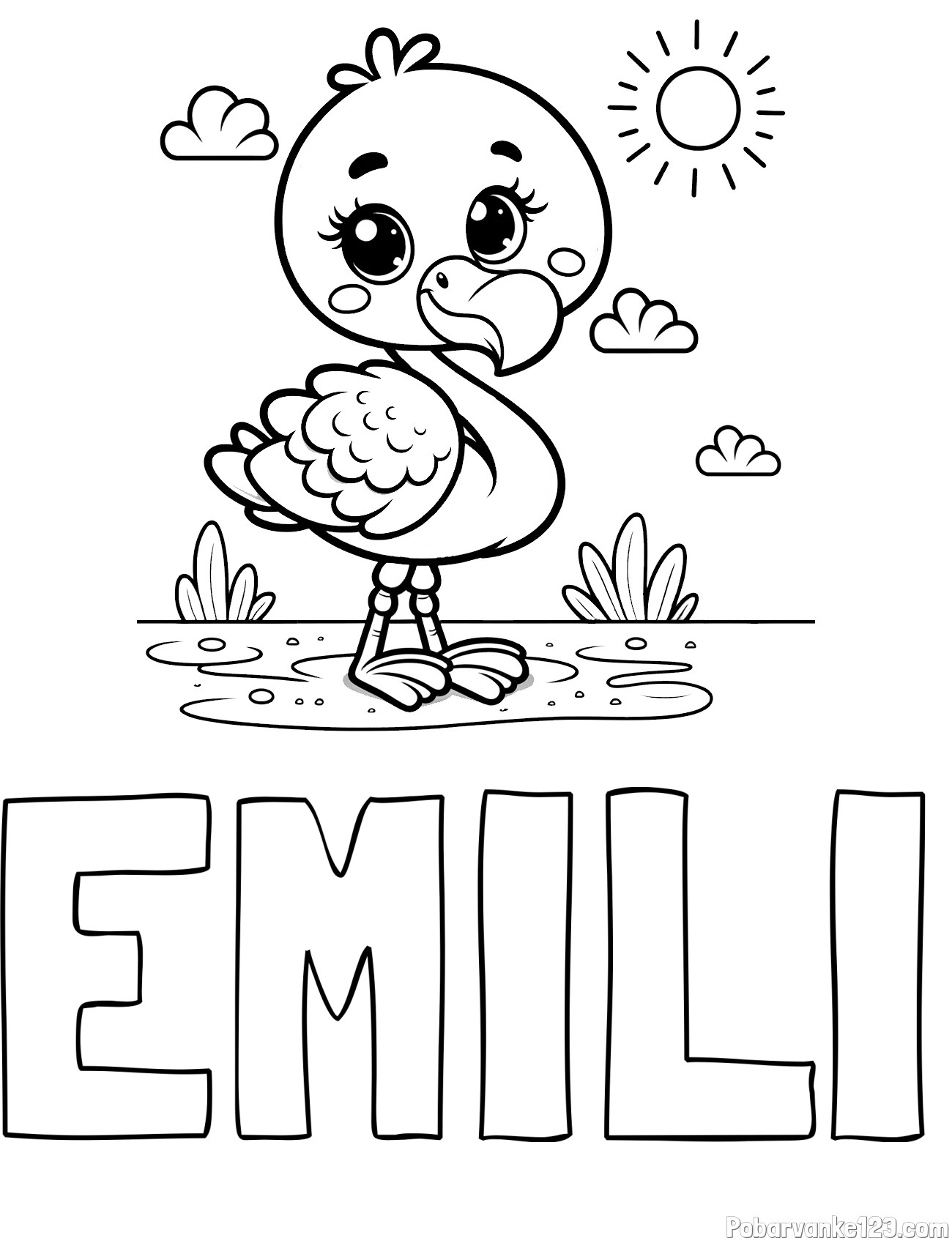 Pobarvanka imena EMILI in pobarvanka ljubkega flaminga