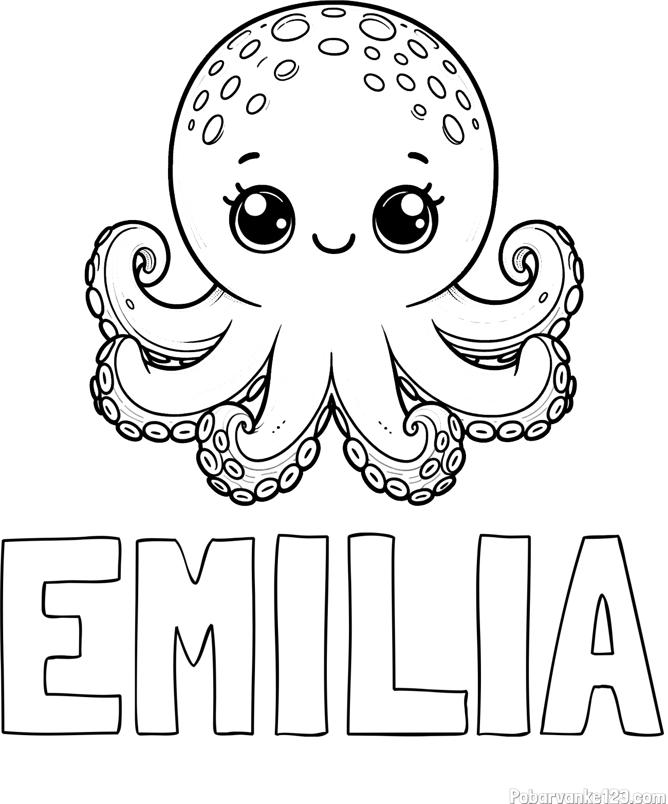 Pobarvanka imena EMILIA in otroška pobarvanka ljubke hobotnice
