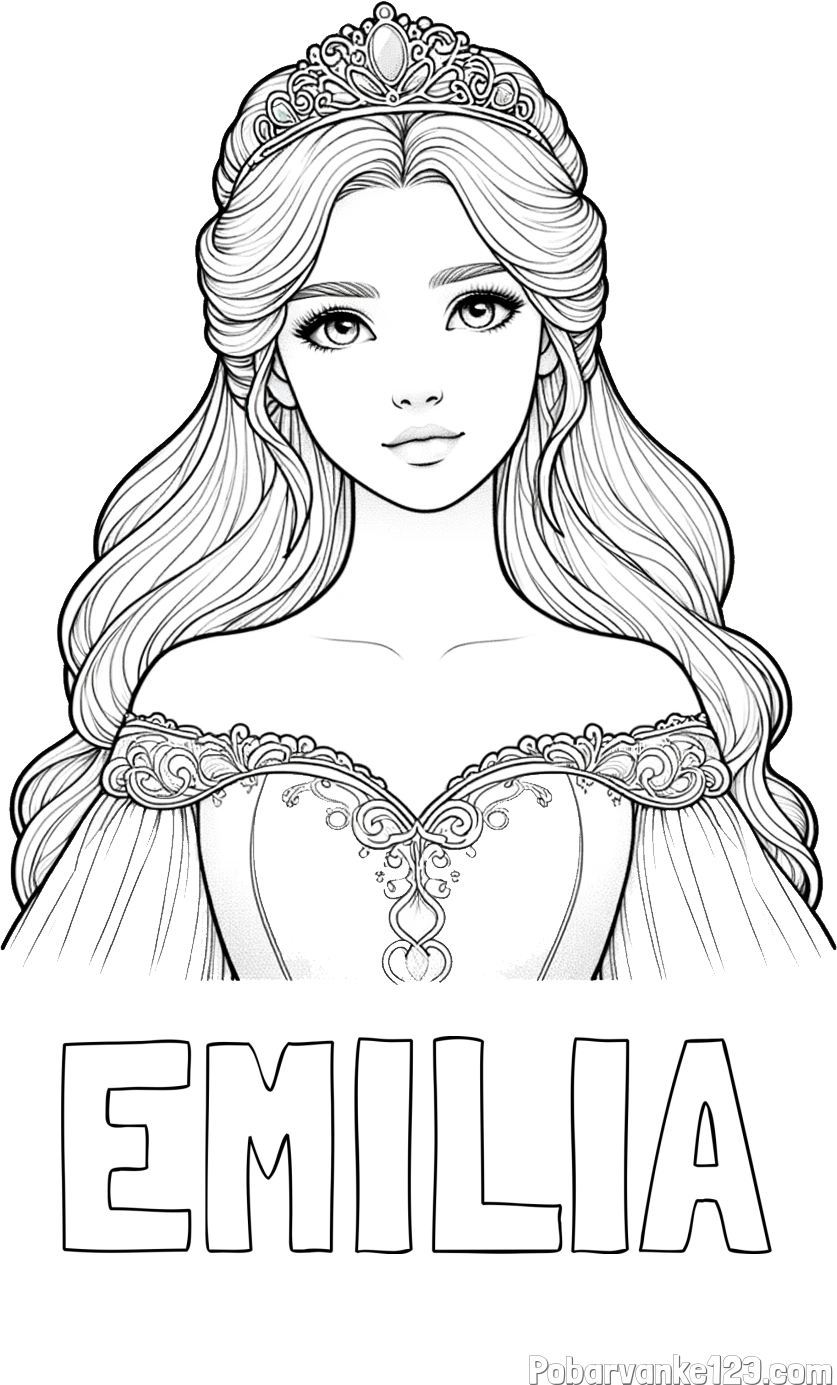 Pobarvanka imena EMILIA in pobarvanka realistične princese