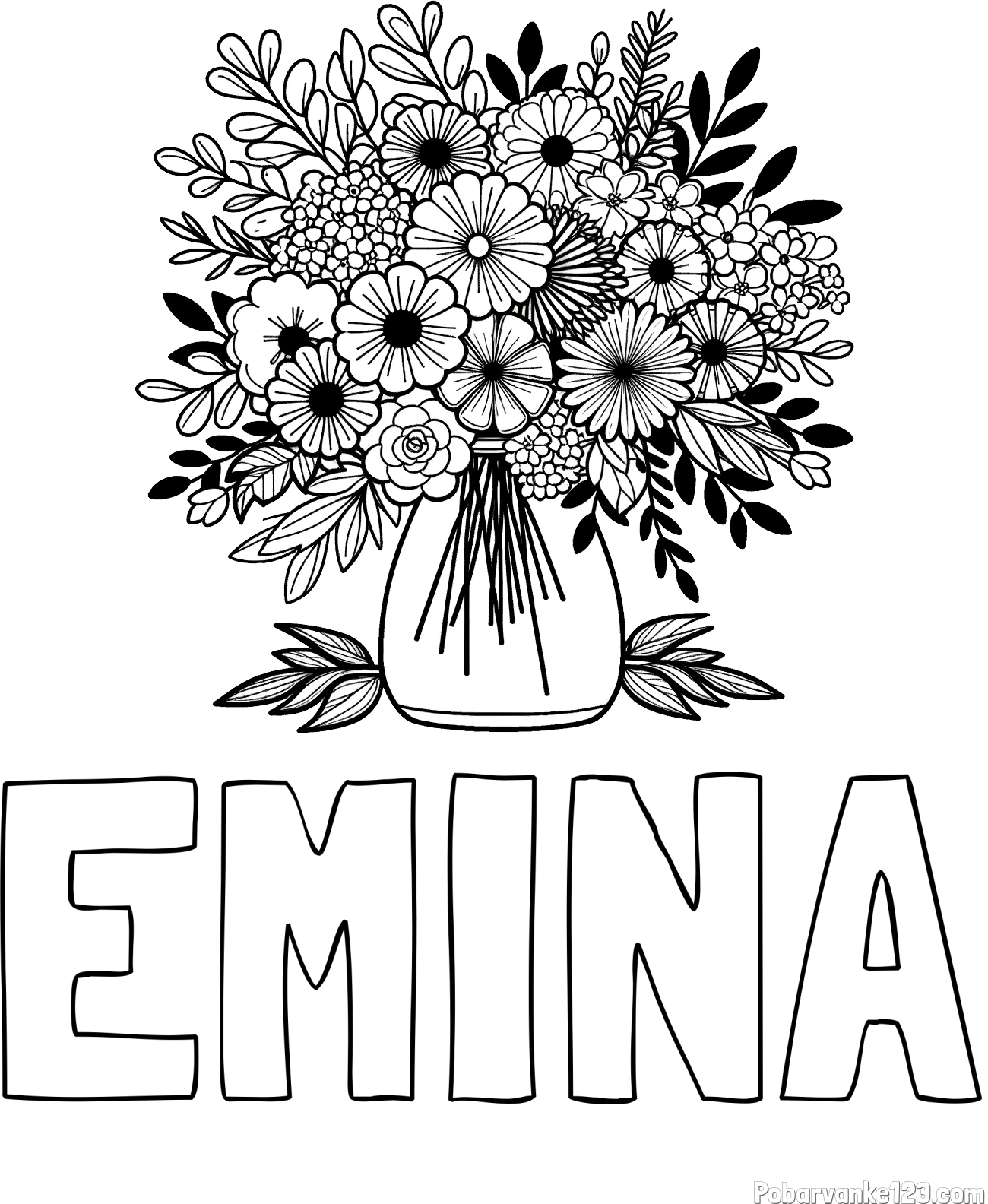 Pobarvanka imena EMINA in pobarvanka veliekga šopka rož