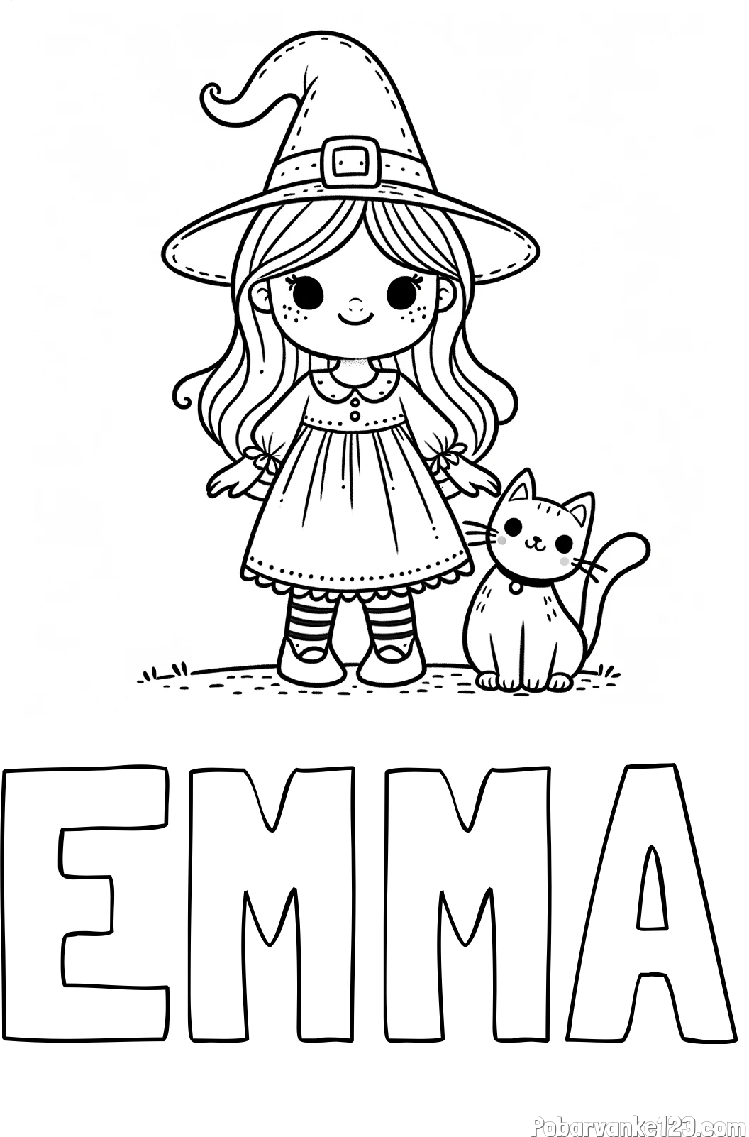 Pobarvanka imena EMMA in Čudovita pobarvanka ljubke čarovnice in nasmejane mačke