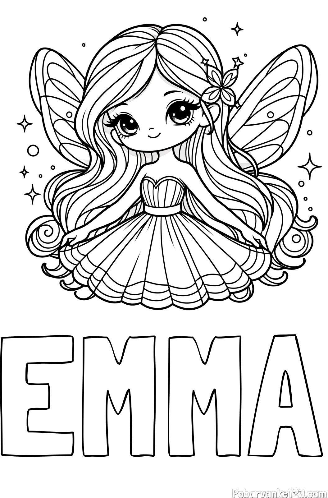 Pobarvanka imena EMMA in pobarvanka ljubke in nasmejane čarobne vile