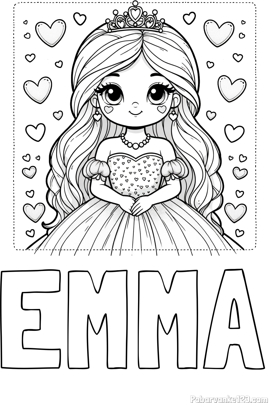 Pobarvanka imena EMMA in pobarvanka ljubke princese obdane s srčki
