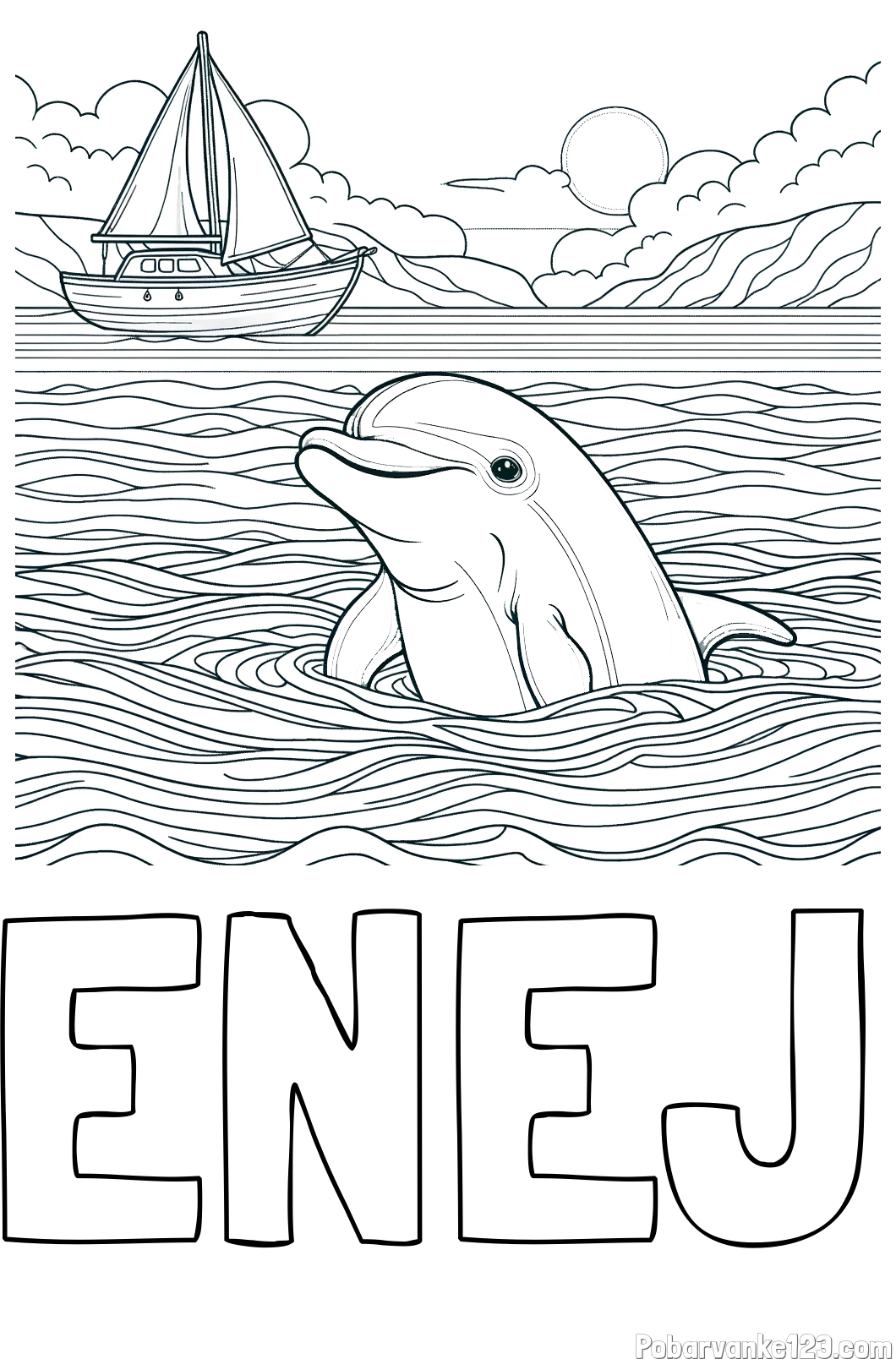 Pobarvanka imena ENEJ in pobarvanka delfina v morju ter jadrnice