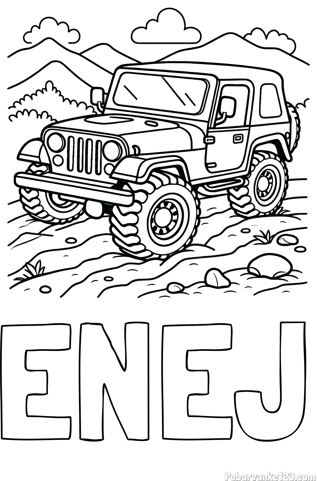 Pobarvanka imena ENEJ in pobarvanka džipa na terenu