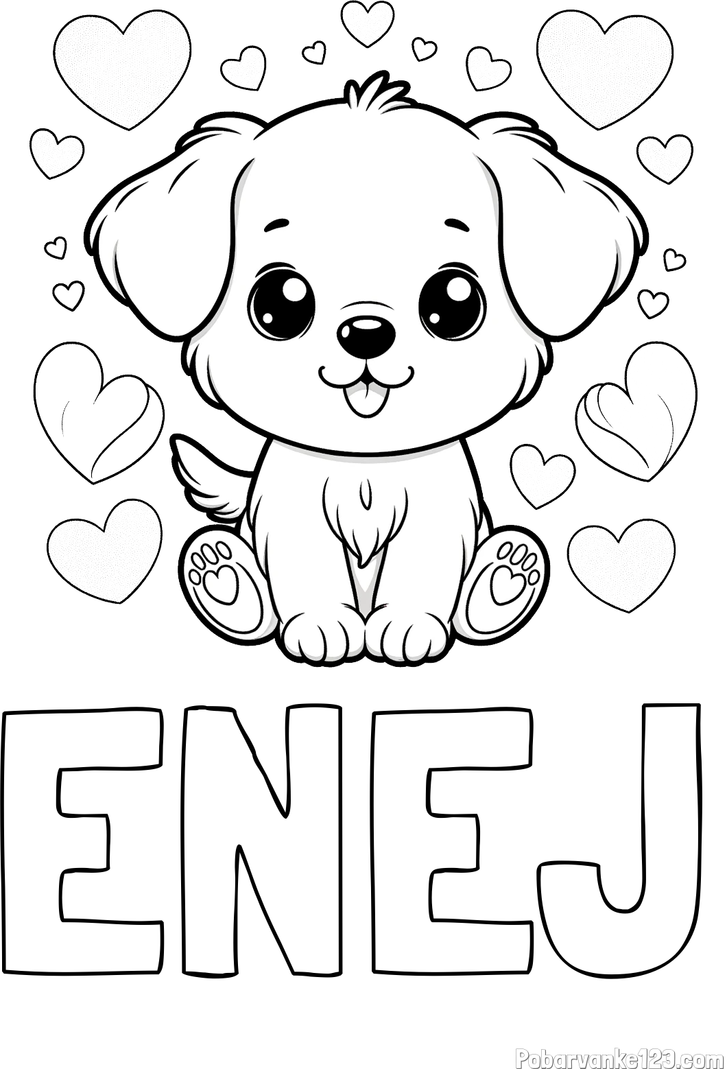 Pobarvanka imena ENEJ in pobarvanka ljubkega kužka obdanega s srčki
