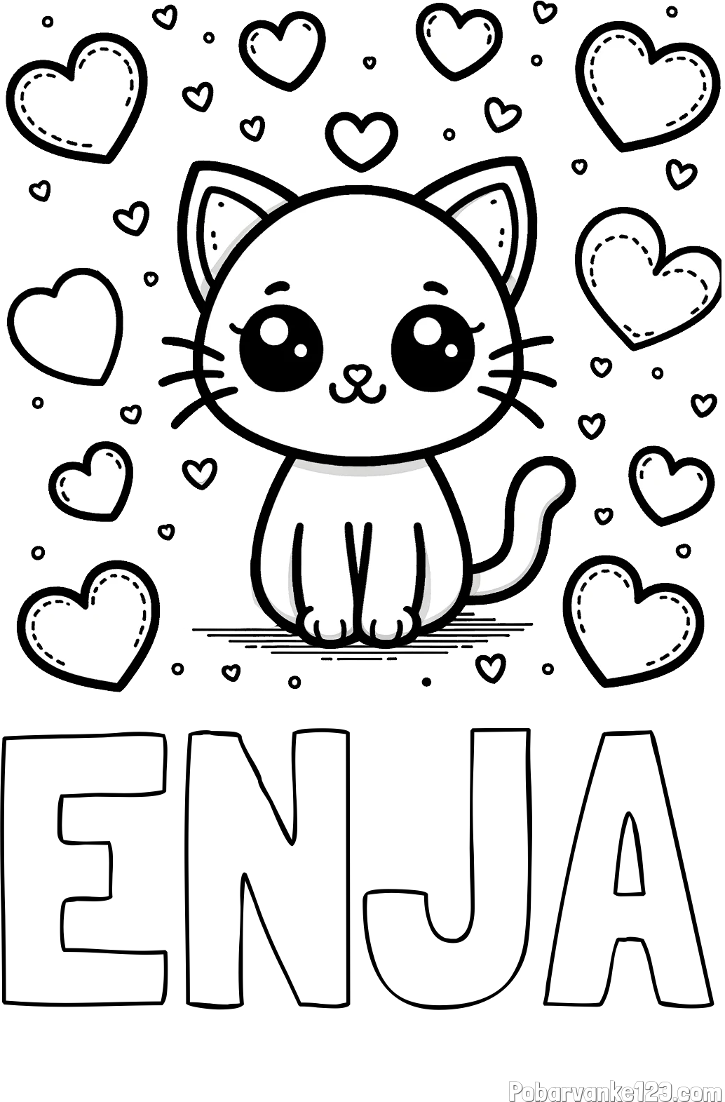 Pobarvanka imena ENJA in pobarvanka ljubke mucke obdane z veliko srčki