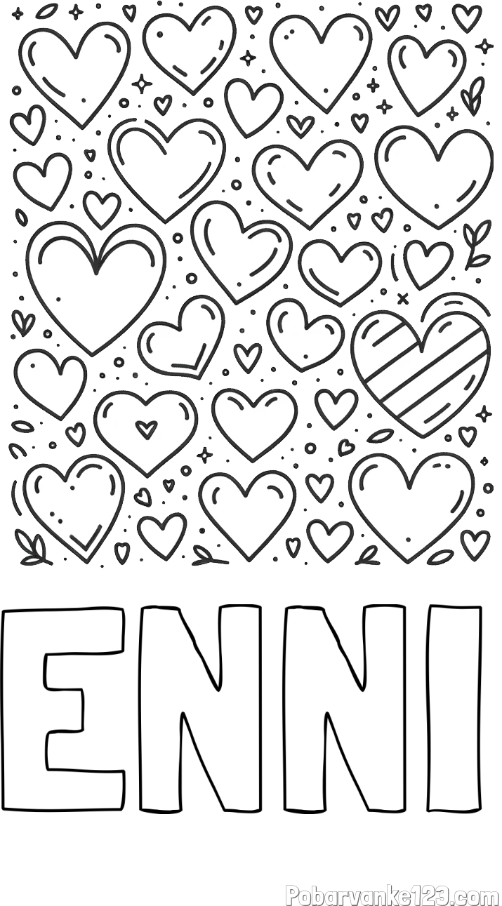 Pobarvanka imena ENNI in pobarvanka različnih srčkov