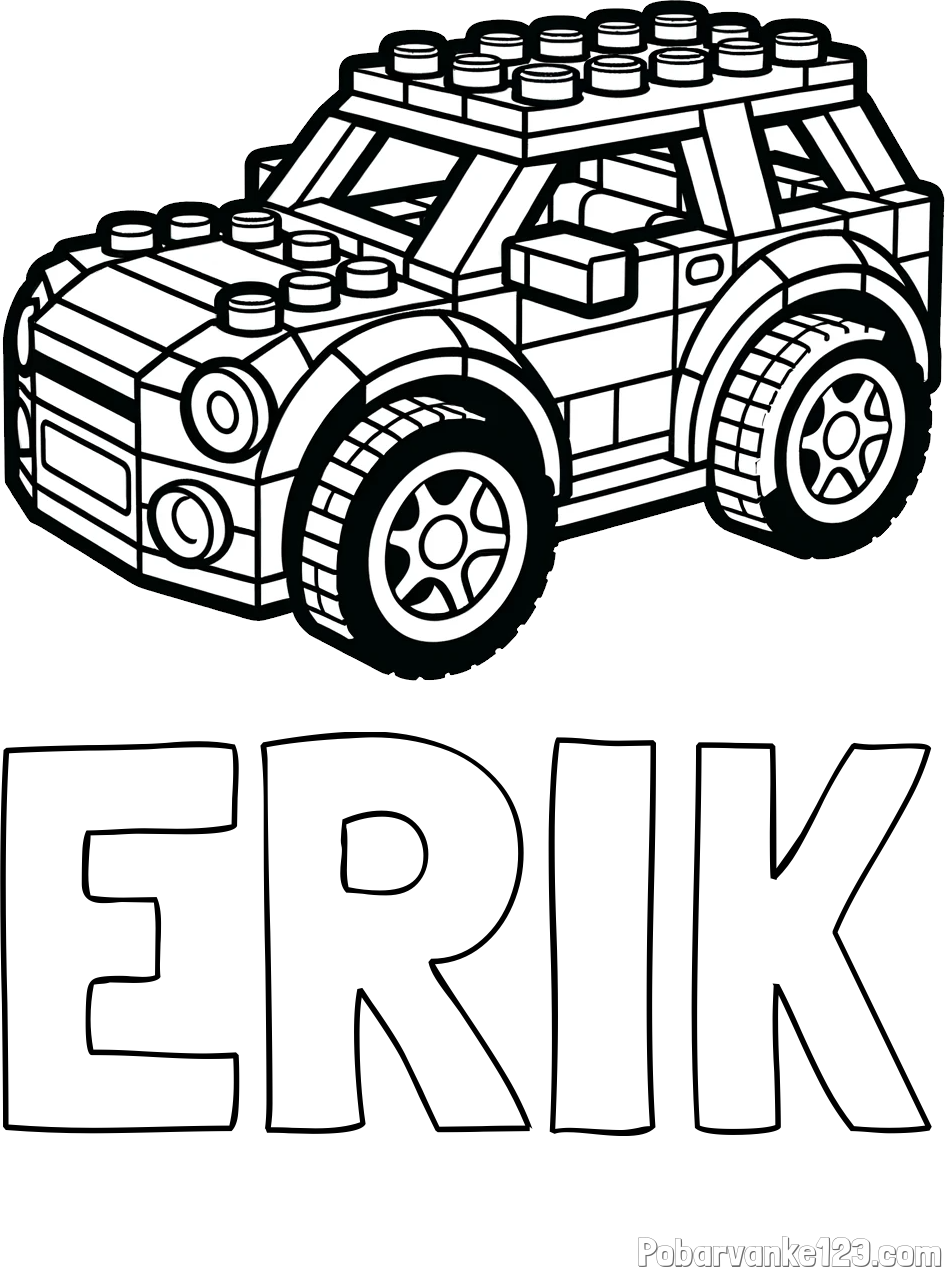 Pobarvanka imena ERIK in pobarvanka avtomobila sestavljenega iz LEGO kock