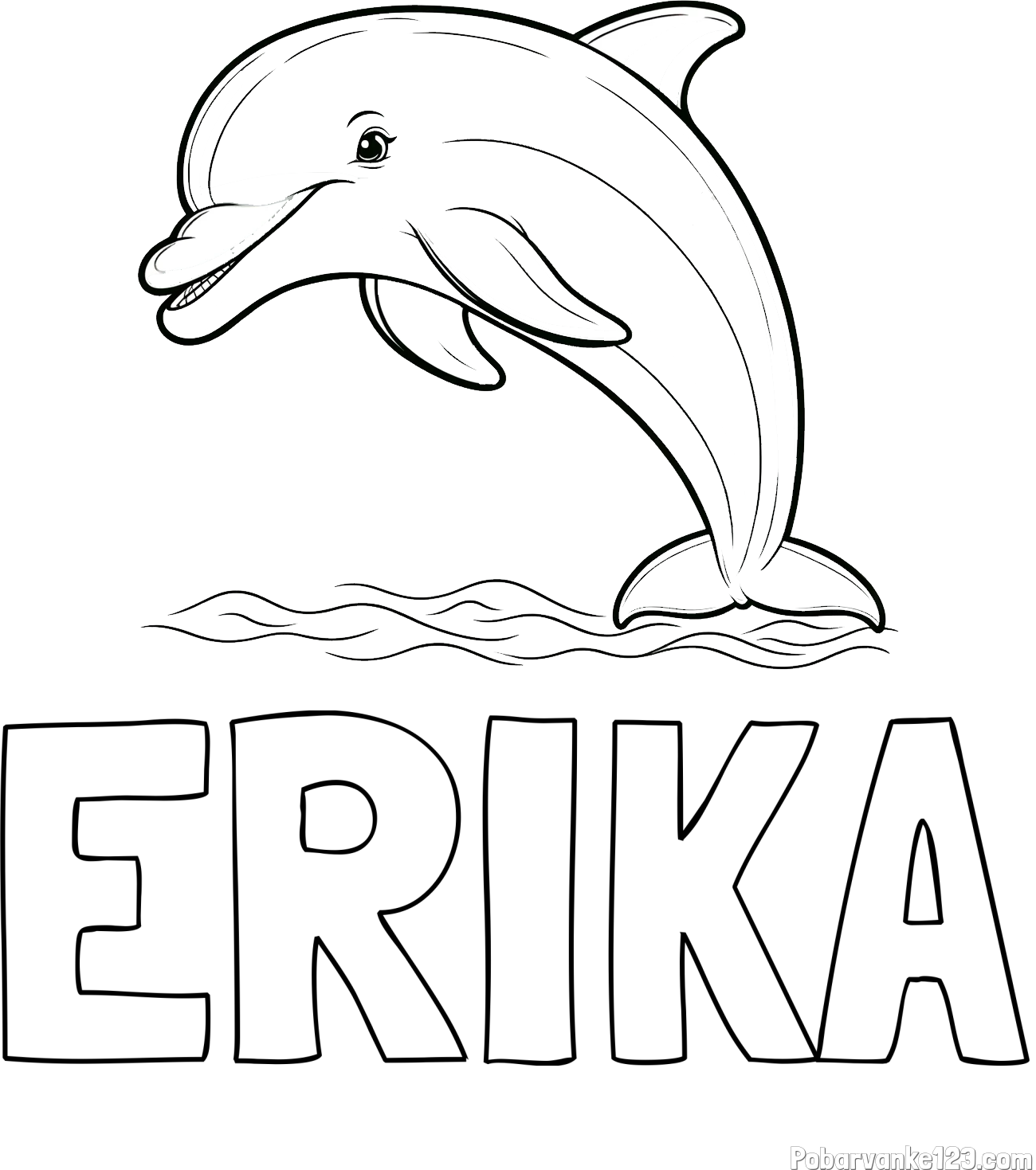 Pobarvanka imena ERIKA in otroška pobarvanka nasmejanega delfina v skoku