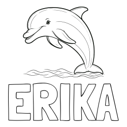 Online izdelana pobarvanka - Pobarvanka imena ERIKA in otroška pobarvanka nasmejanega delfina v skoku