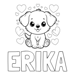 Online izdelana pobarvanka - Pobarvanka imena ERIKA in pobarvanka ljubkega kužka obdanega s srčki