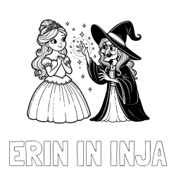 Online izdelana pobarvanka - Pobarvanka imena ERIN IN INJA in pobarvanka zlobne čarovnice, ki poskuša začarati princesko