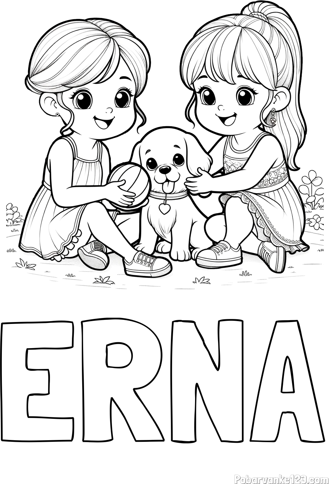 Pobarvanka imena ERNA in pobarvanka prijateljic s kužkom