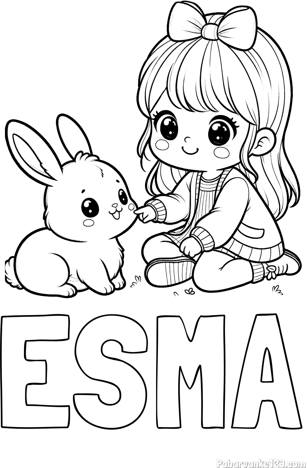 Pobarvanka imena ESMA in pobarvanka ljubke punčke, ki se igra z zajčkom