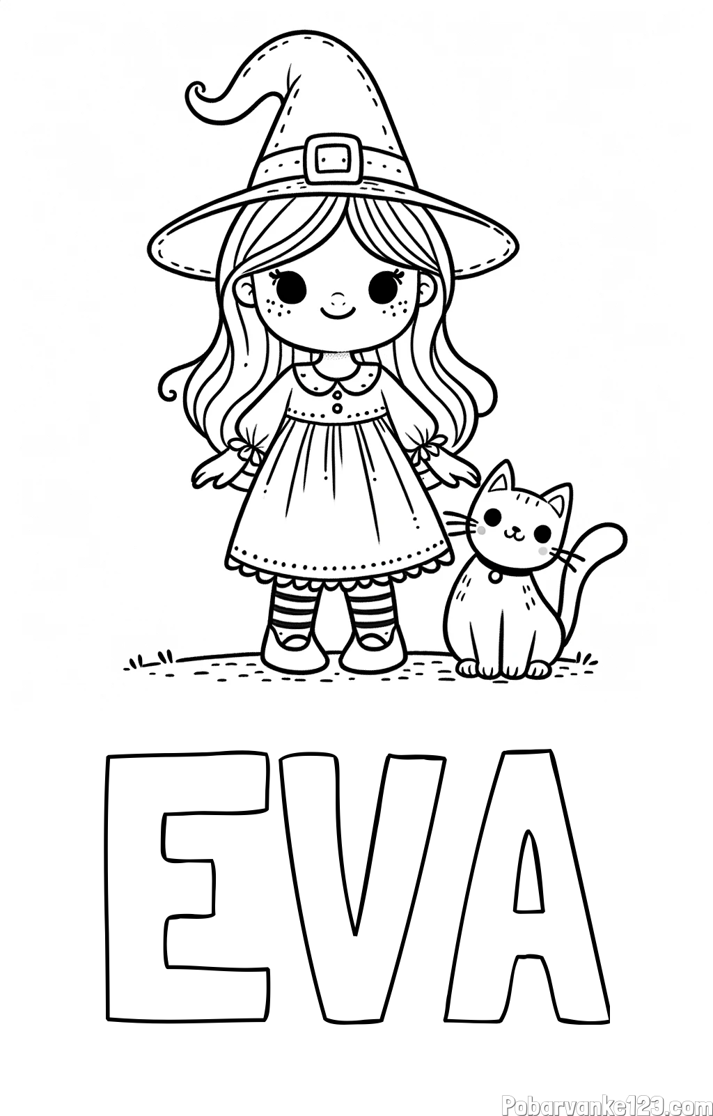 Pobarvanka imena EVA in Čudovita pobarvanka ljubke čarovnice in nasmejane mačke