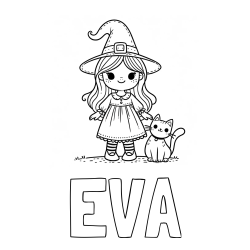 Pobarvanka imena EVA in Čudovita pobarvanka ljubke čarovnice in nasmejane mačke