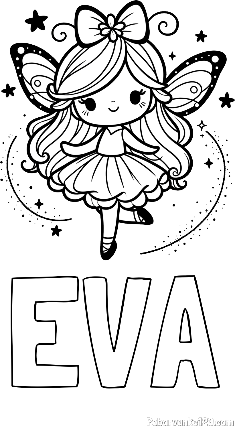 Pobarvanka imena EVA in ljubka čarobna vila