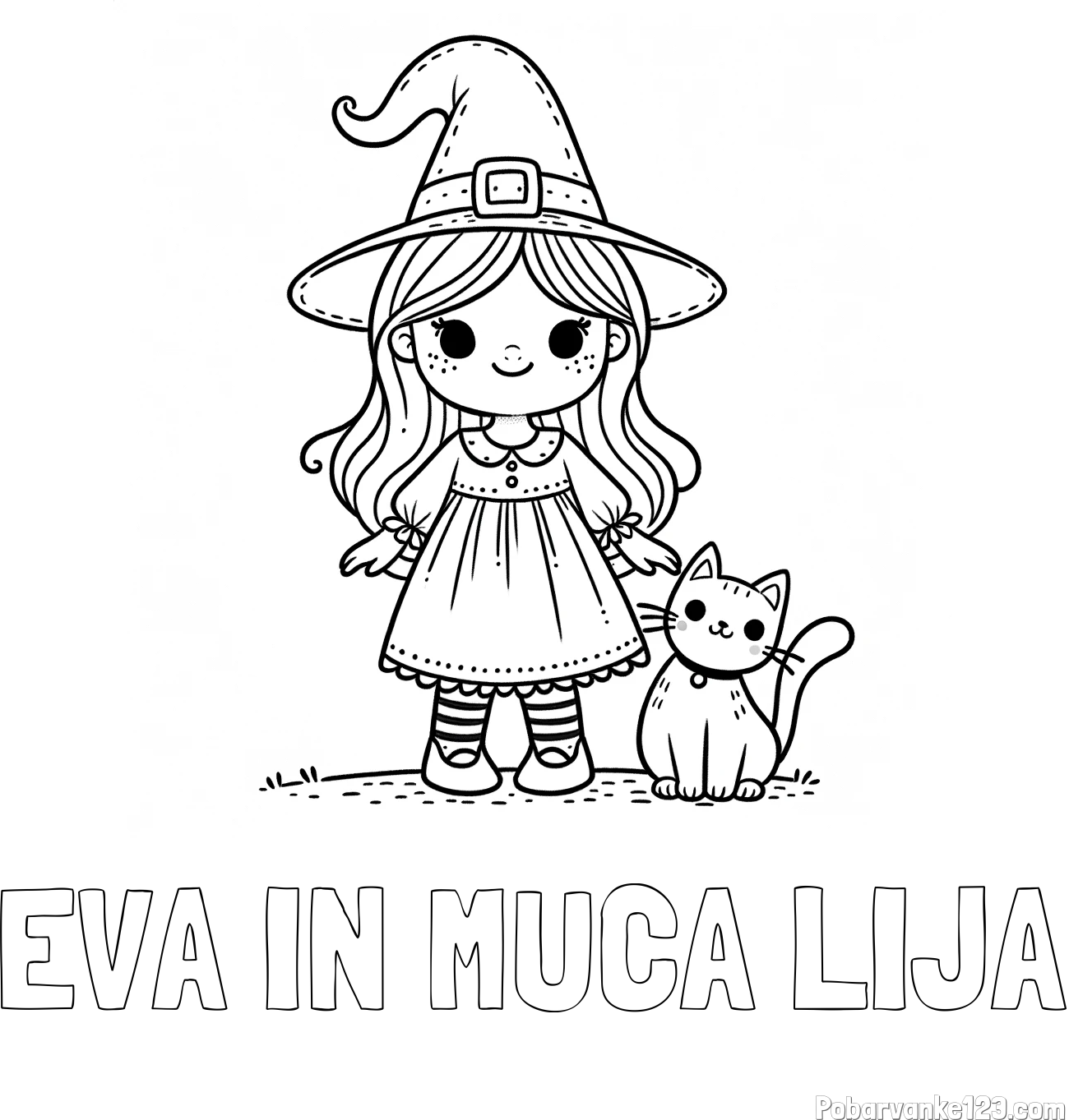 Pobarvanka imena EVA IN MUCA LIJA in Čudovita pobarvanka ljubke čarovnice in nasmejane mačke
