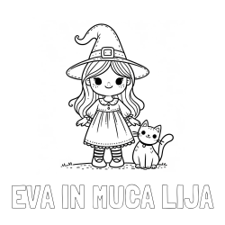 Online izdelana pobarvanka - Pobarvanka imena EVA IN MUCA LIJA in Čudovita pobarvanka ljubke čarovnice in nasmejane mačke
