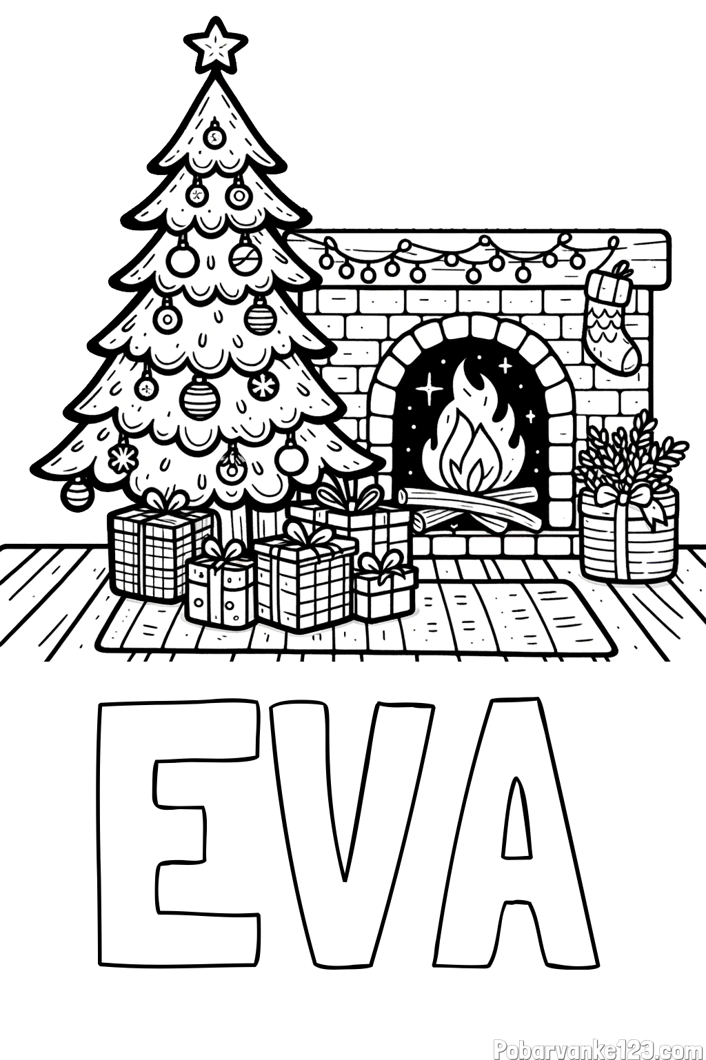 Pobarvanka imena EVA in pobarvanka božične noči z božično smrečico, darili ter kaminom