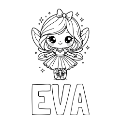 Pobarvanka imena EVA in pobarvanka čarobne vile z ljubkim obrazom