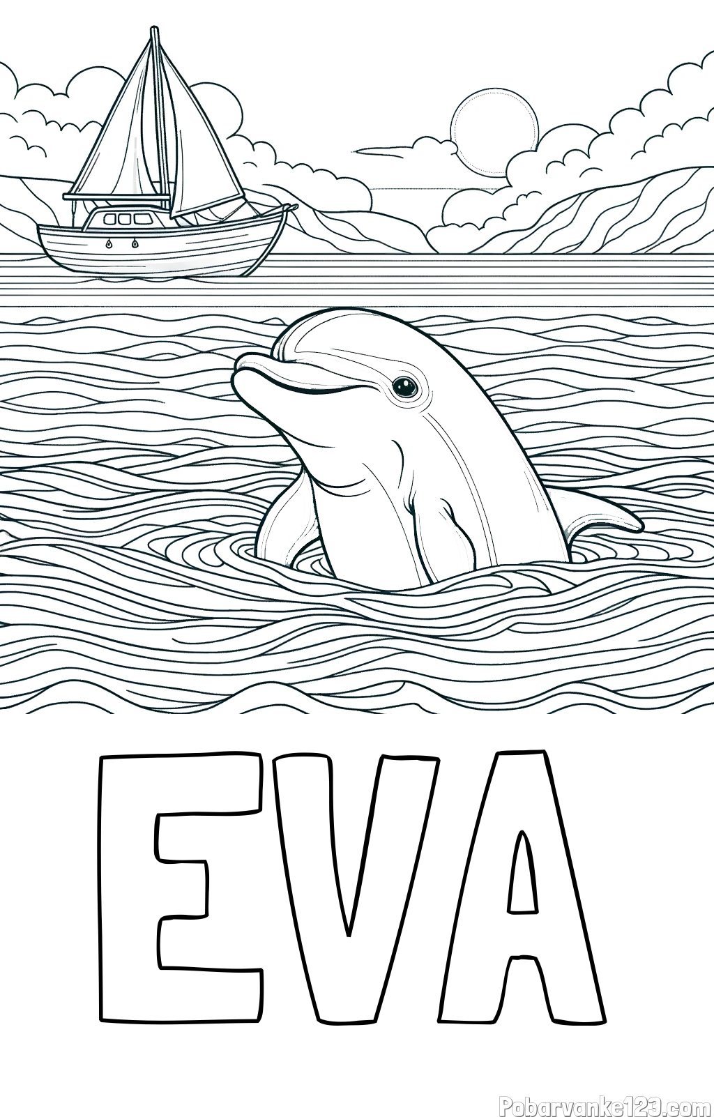 Pobarvanka imena EVA in pobarvanka delfina v morju ter jadrnice