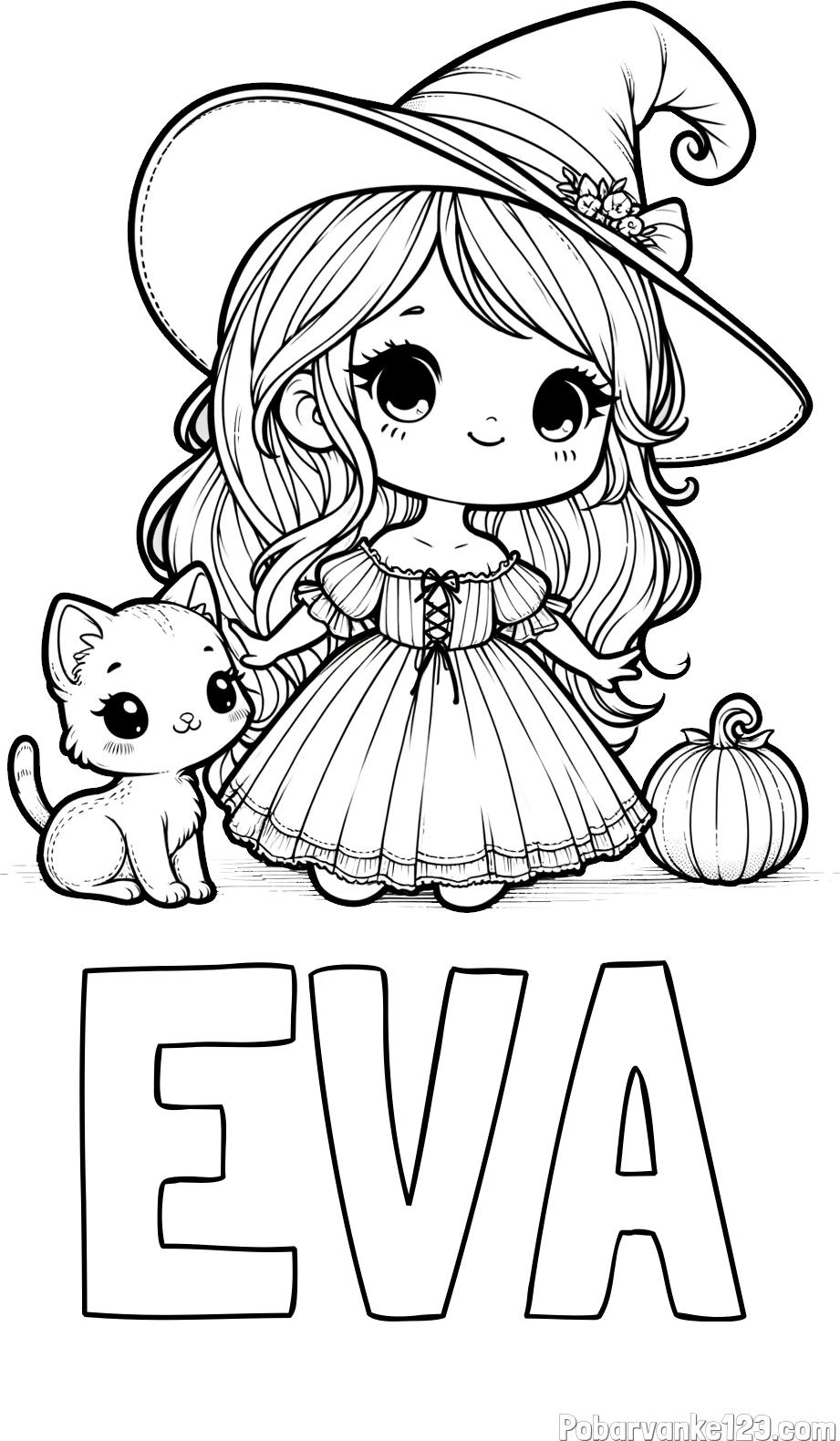 Pobarvanka imena EVA in pobarvanka ljubke čarovnice, muce in buče