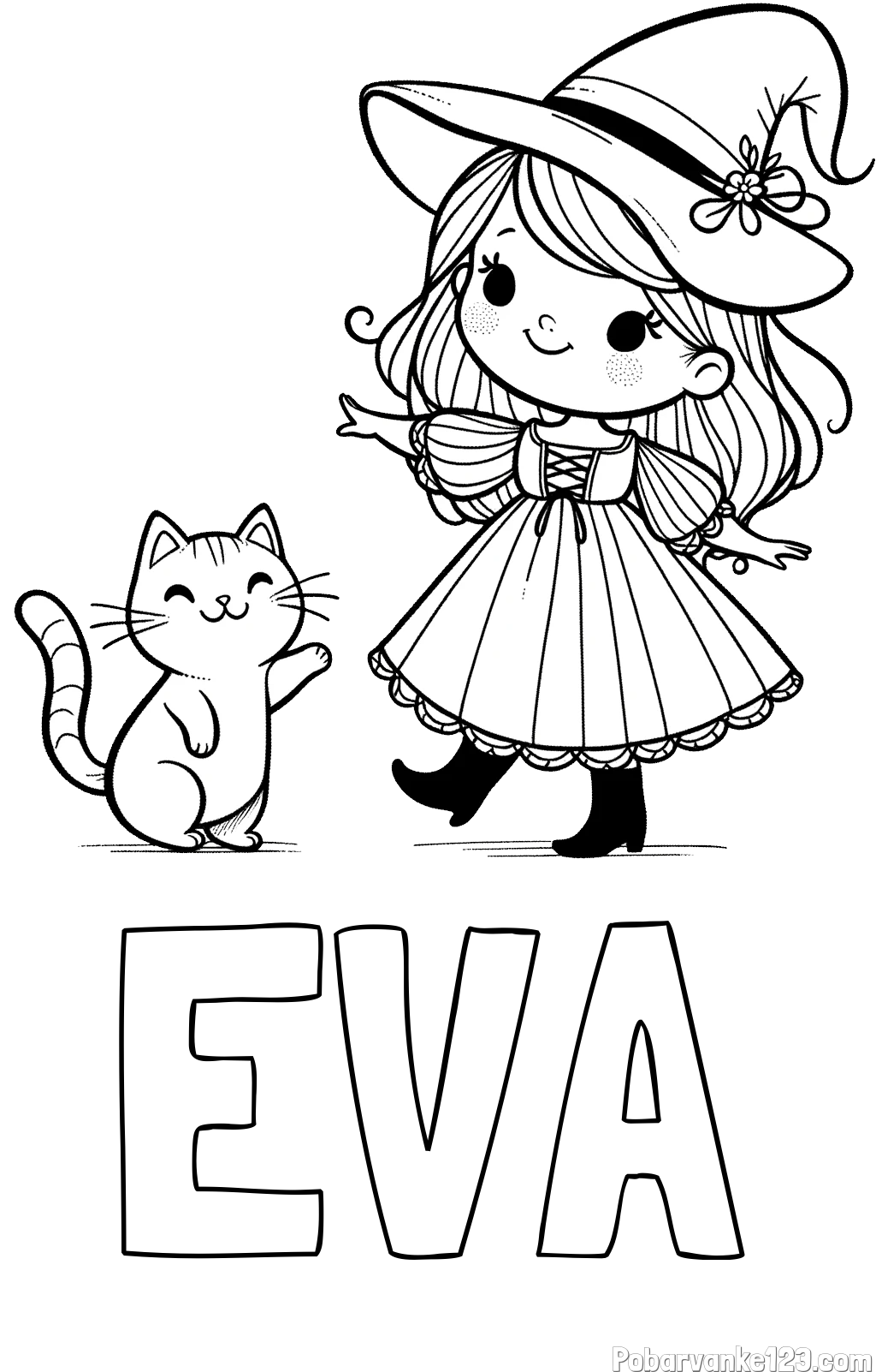 Pobarvanka imena EVA in pobarvanka ljubke čarovnice ter podrednega mačka