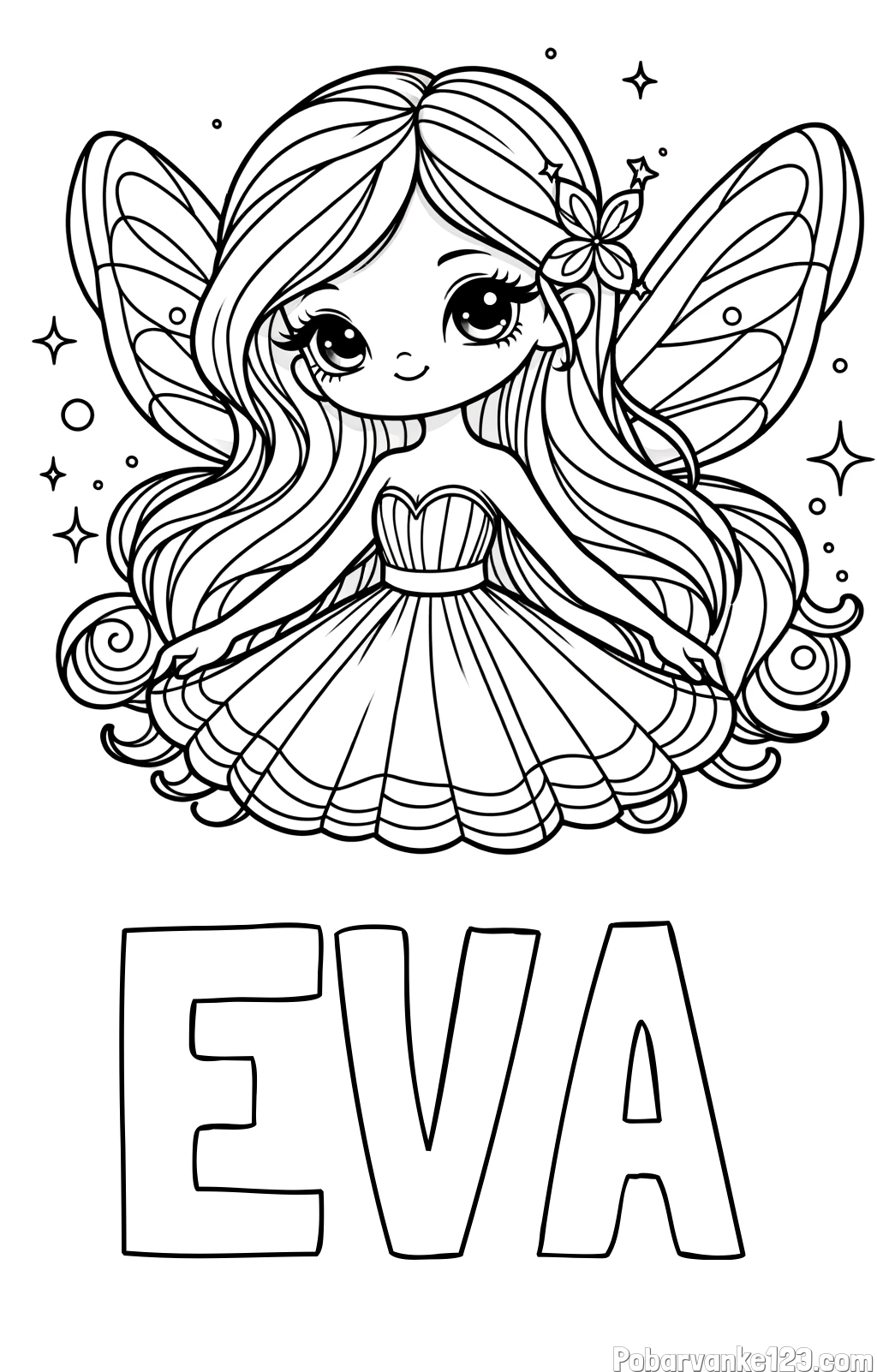 Pobarvanka imena EVA in pobarvanka ljubke in nasmejane čarobne vile