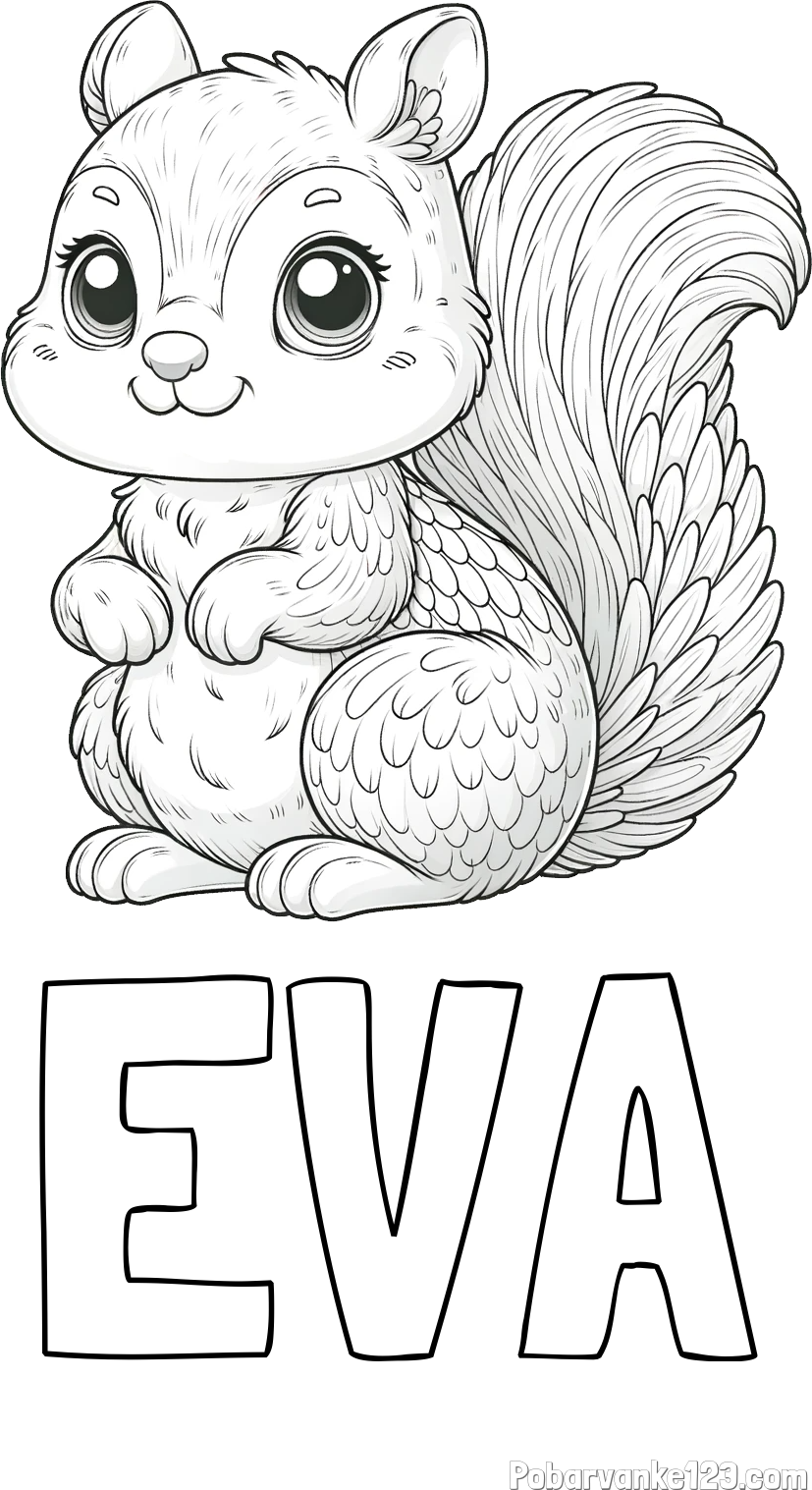 Pobarvanka imena EVA in pobarvanka ljubke in nasmejane veverice