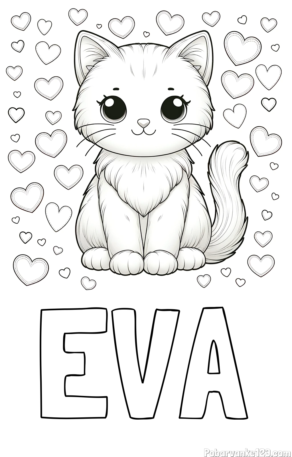 Pobarvanka imena EVA in pobarvanka ljubke mucke obdane s srčki