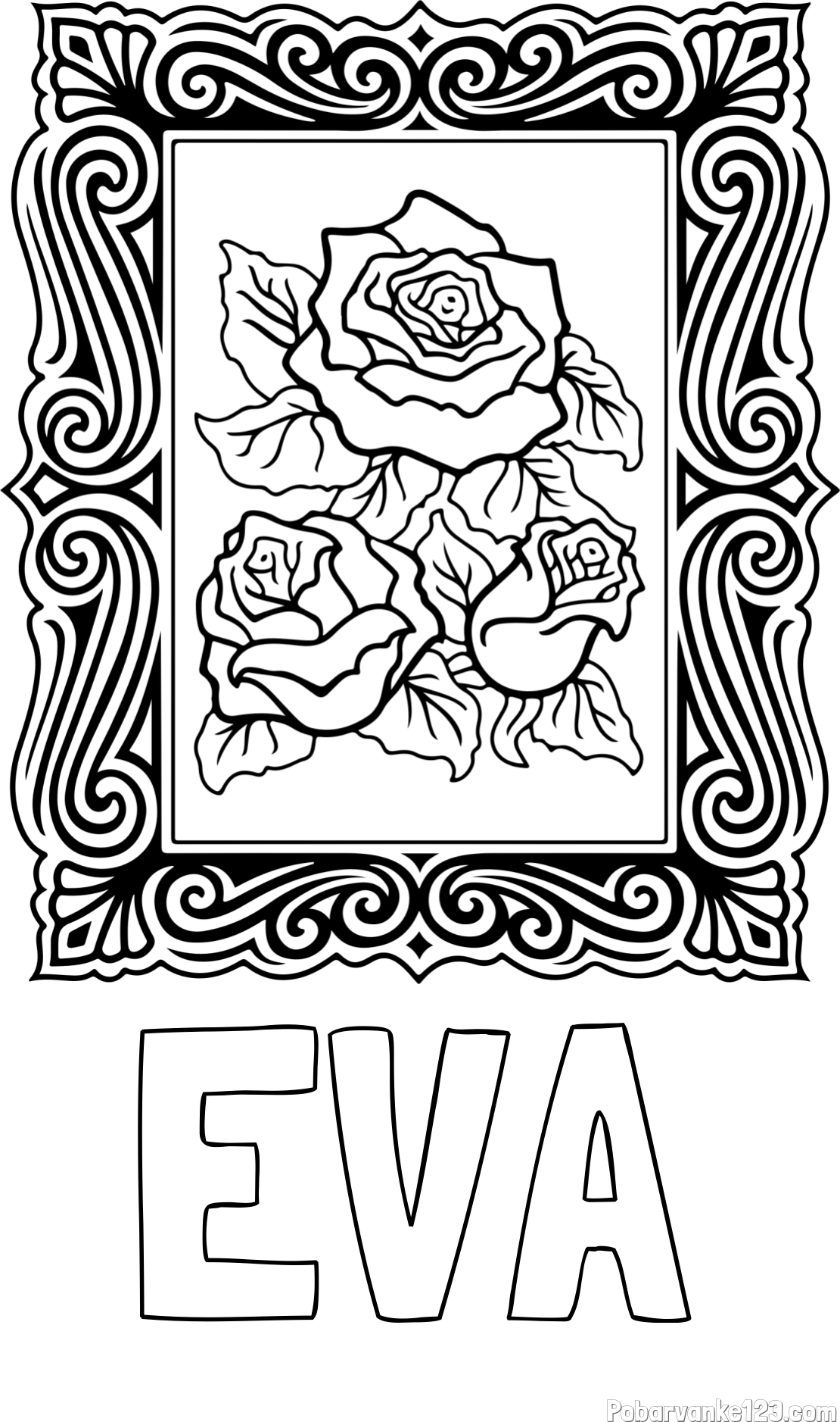 Pobarvanka imena EVA in pobarvanka  uokvirjene slike vrtnic