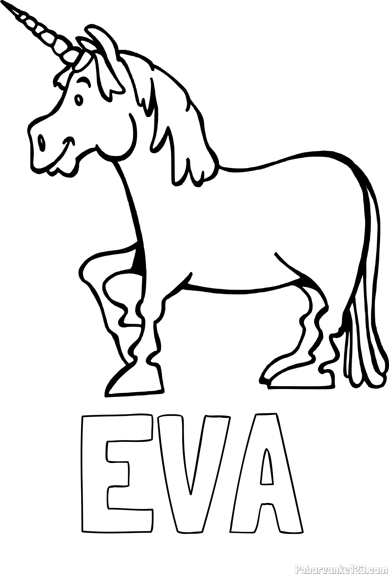 Pobarvanka imena EVA in pobarvanka veselega samoroga