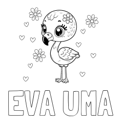 Online izdelana pobarvanka - Pobarvanka imena EVA UMA in pobarvanka mladička flaminga z rožicami in srčki