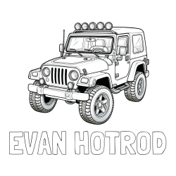 Online izdelana pobarvanka - Pobarvanka imena EVAN HOTROD in pobarvanka džipa