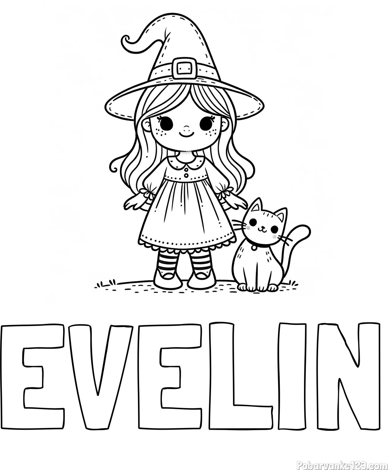 Pobarvanka imena EVELIN in Čudovita pobarvanka ljubke čarovnice in nasmejane mačke