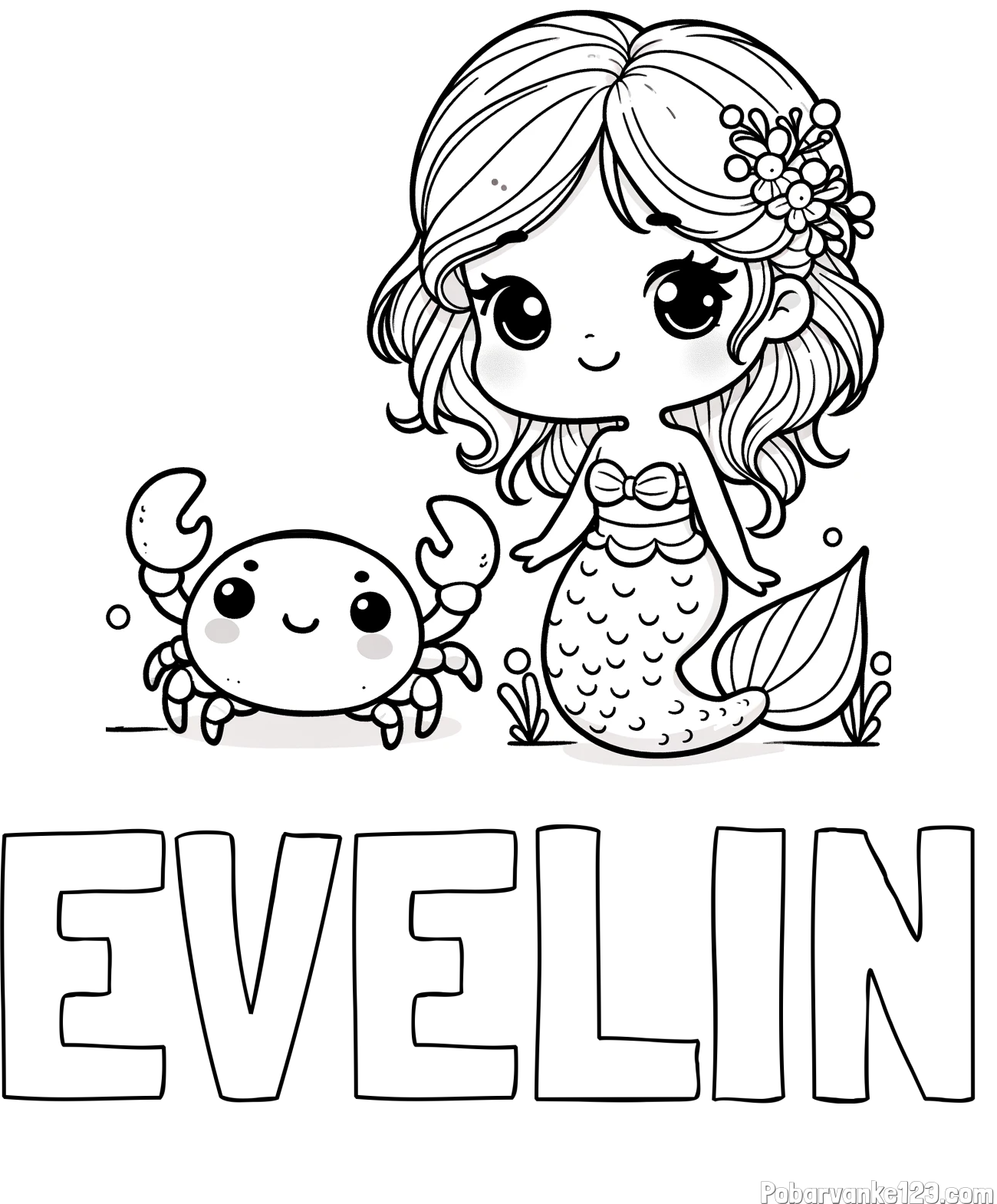 Pobarvanka imena EVELIN in pobarvanka ljubke morske deklice in veselega raka