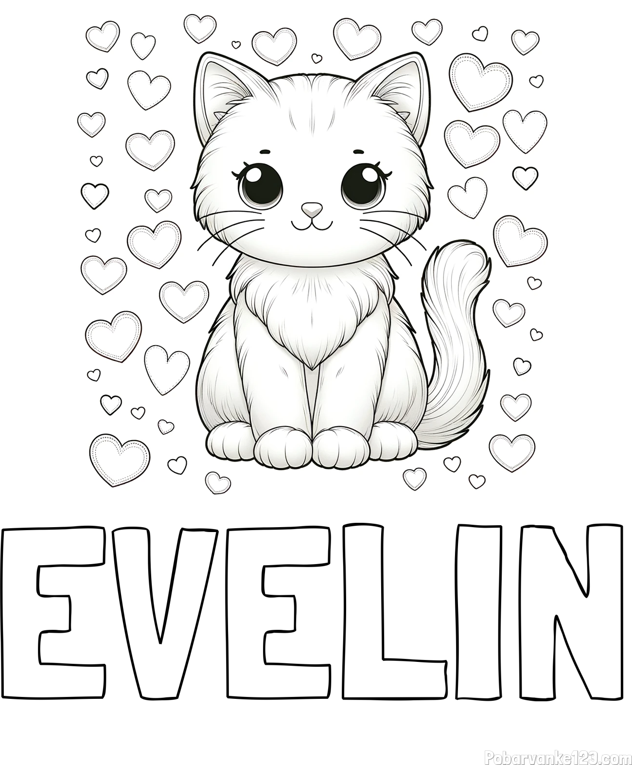 Pobarvanka imena EVELIN in pobarvanka ljubke mucke obdane s srčki
