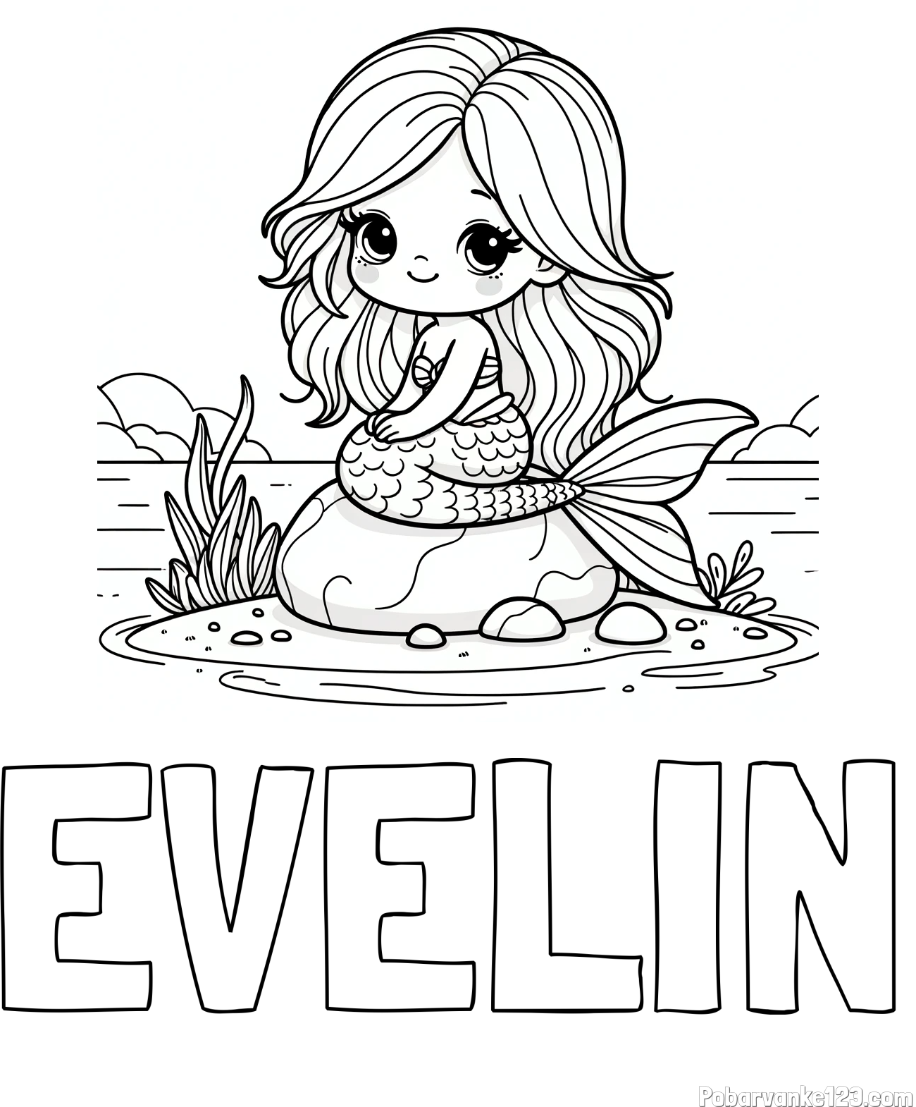 Pobarvanka imena EVELIN in pobarvanka prikupne morske deklice, ki sedi na kamnu ob obali