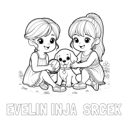 Online izdelana pobarvanka - Pobarvanka imena EVELIN INJA  SRCEK in pobarvanka prijateljic s kužkom
